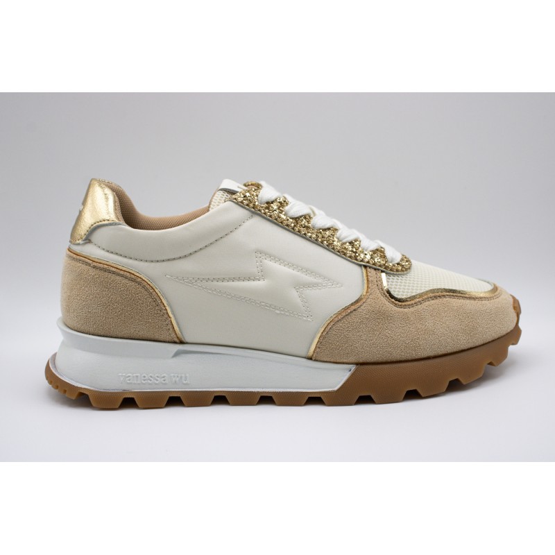 Baskets Vanessa Wu PAOLA beige et or femme