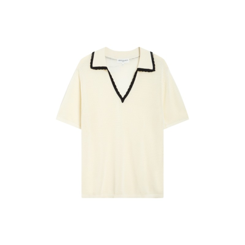 Polo maille ajourée ivoire femme col V GRACE ET MILA