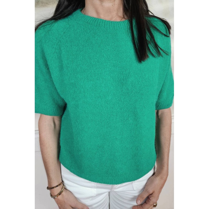 Pull alpaga vert manches courtes femme