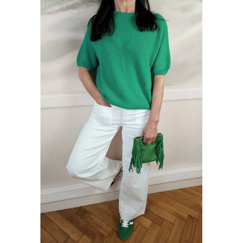 Pull alpaga vert manches courtes femme