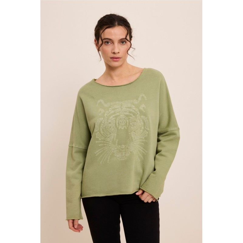 Sweat-shirt kaki femme FIVE broderie tigre