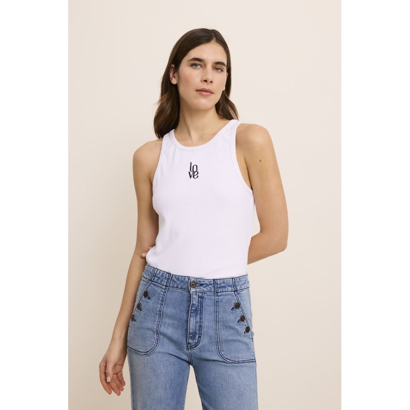 Débardeur blanc femme Five coton broderie