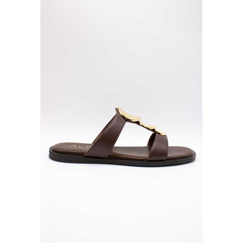 Sandales plates cuir marron bijoux dorés femme Alpe