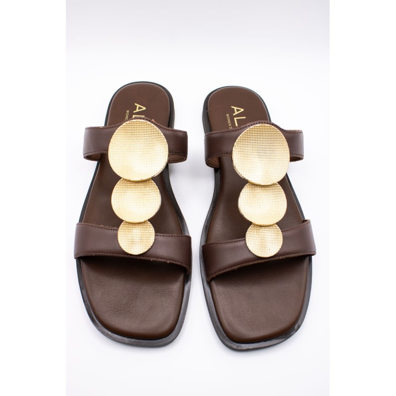 Sandales plates cuir marron bijoux dorés femme Alpe
