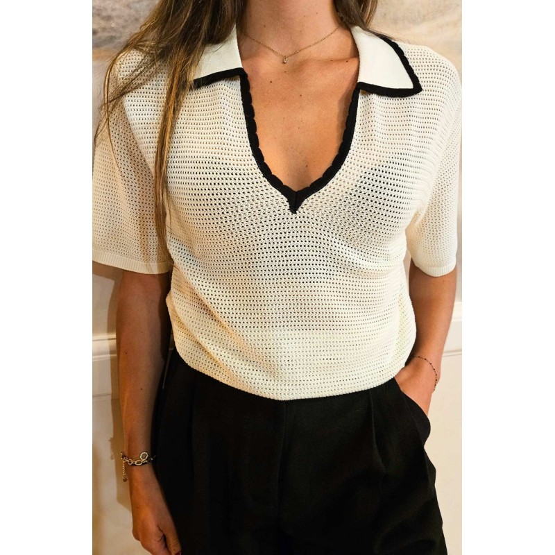 Polo maille ajourée ivoire femme col V GRACE ET MILA