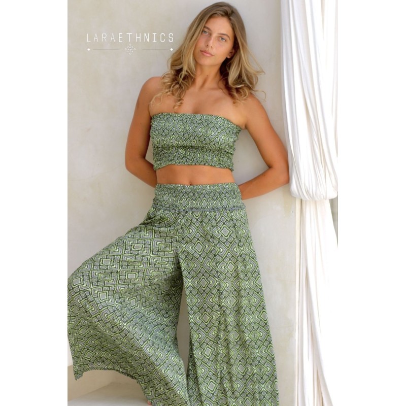 Pantalon évasé kaki imprimé Mexico femme LARAETHNICS