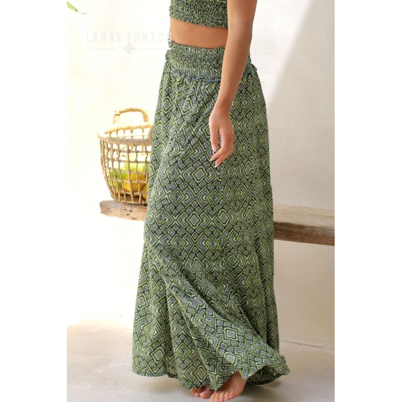 Pantalon évasé kaki imprimé Mexico femme LARAETHNICS