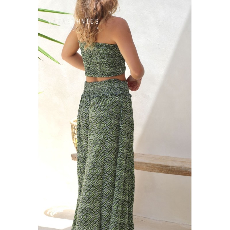 Pantalon évasé kaki imprimé Mexico femme LARAETHNICS