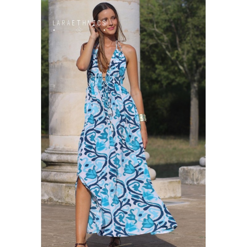 Robe longue dos nu à motif aztèque blanc - LARAETHNICS Femme