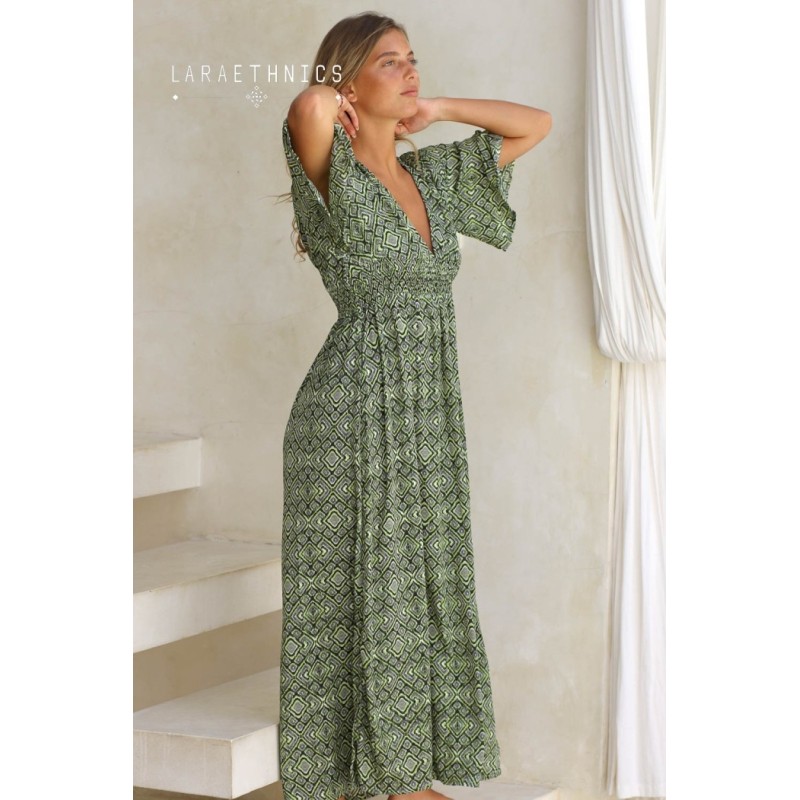 Robe longue imprimé Mexico kaki femme Laraethnics