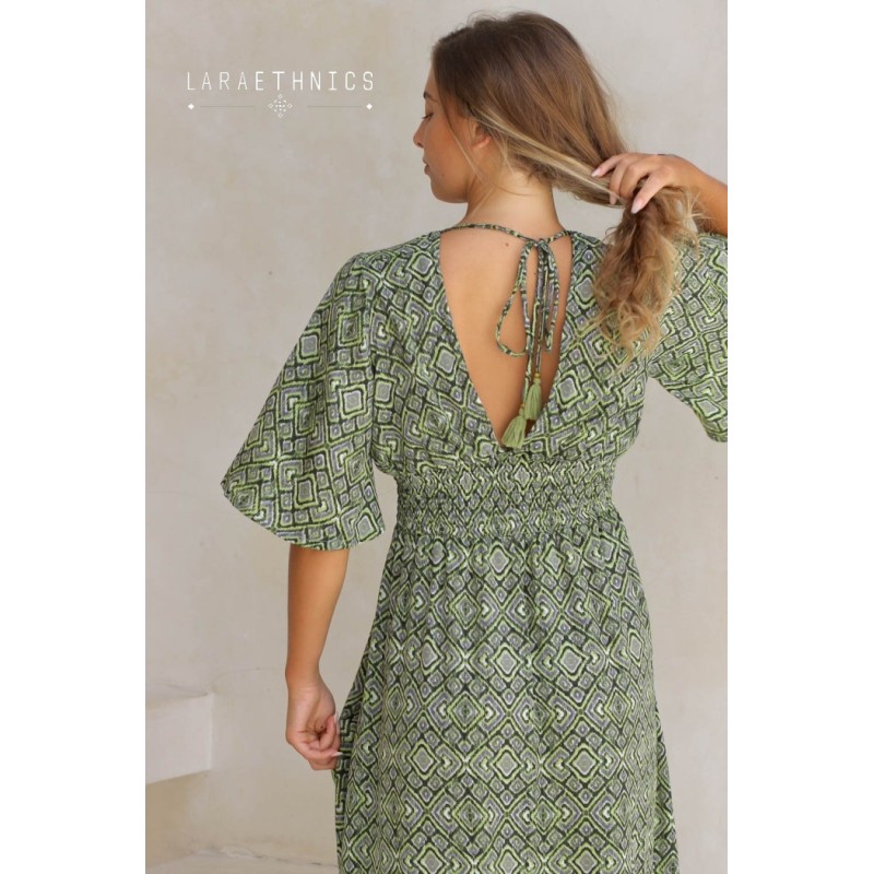 Robe longue imprimé Mexico kaki femme Laraethnics