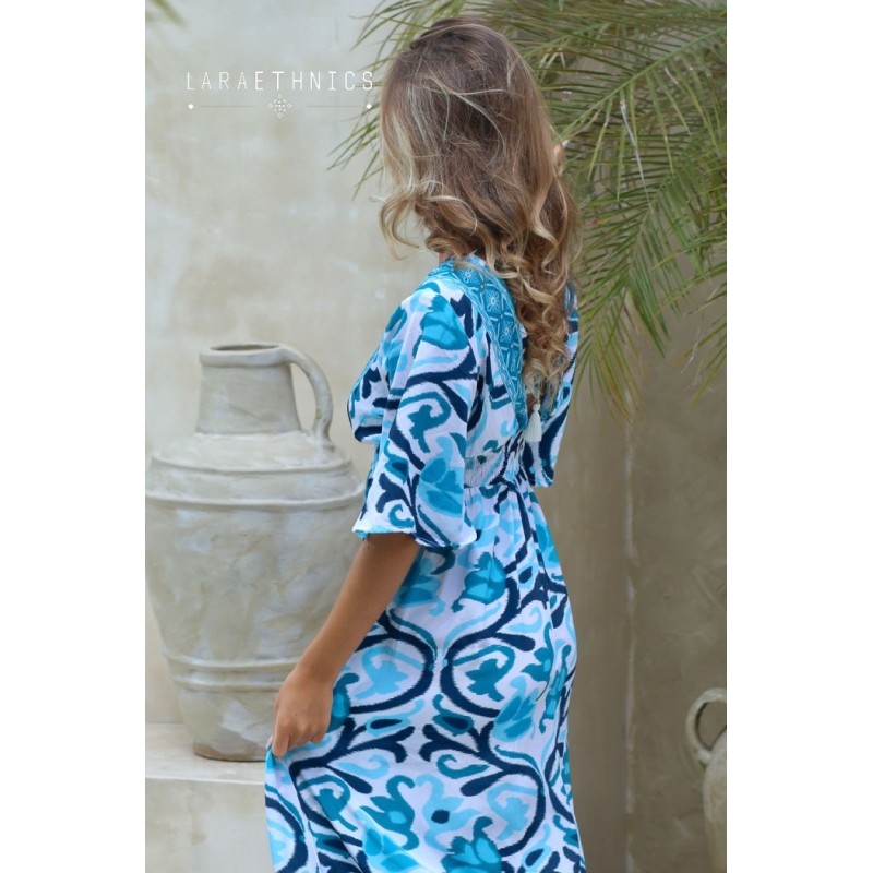 Robe longue fendue imprimée aztèque bleue - LARAETHNICS Femme