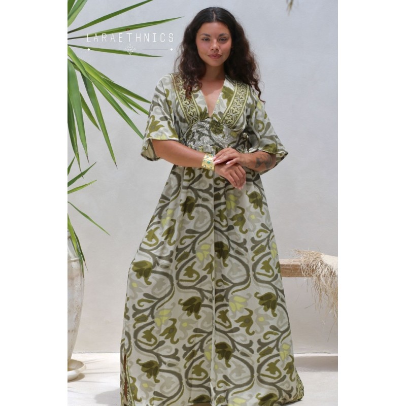Robe longue fendue imprimée aztèque kaki à manches - LARAETHNICS Femme