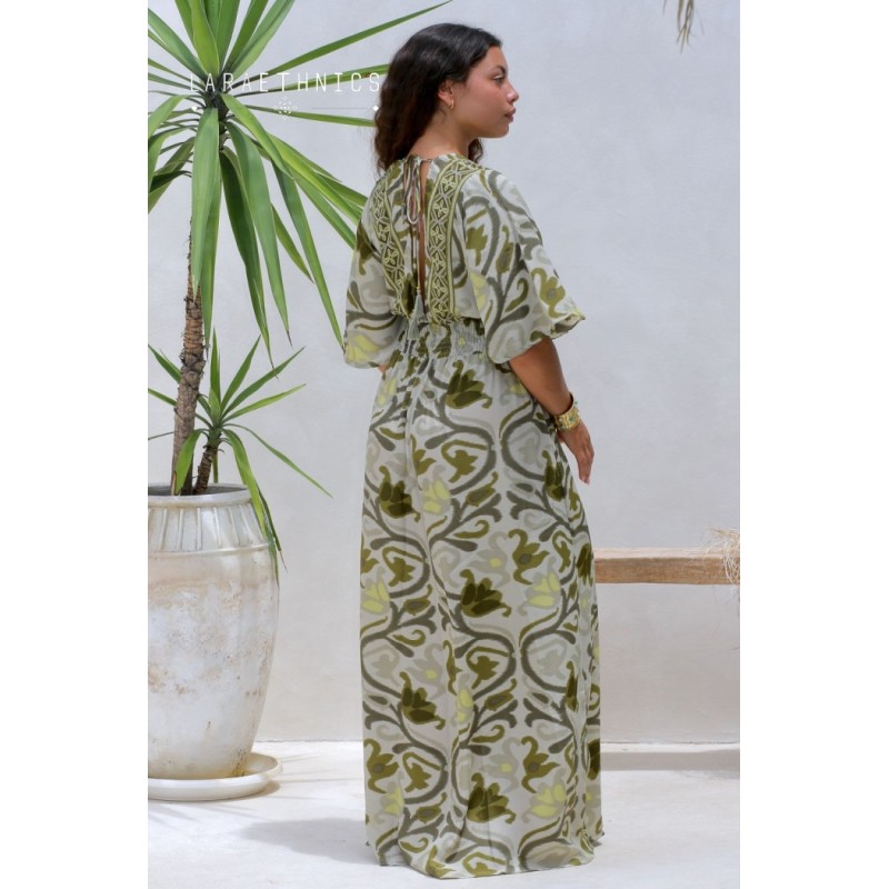 Robe longue fendue imprimée aztèque kaki à manches - LARAETHNICS Femme