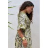 Robe longue fendue imprimée aztèque kaki à manches - LARAETHNICS Femme