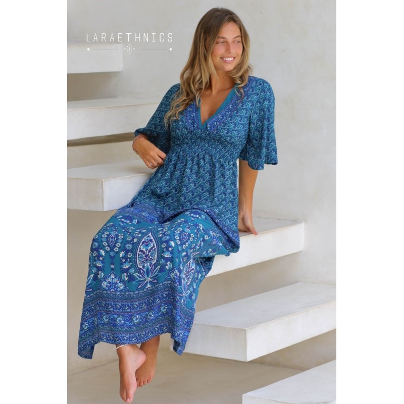 Robe longue turquoise femme Laraethnics fendue