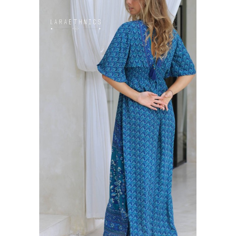 Robe longue turquoise femme Laraethnics fendue
