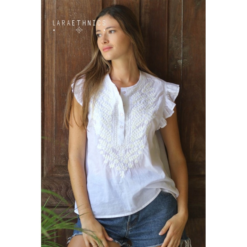 Top blanc brodé femme Laraethnics sans manches