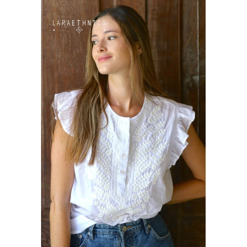 Top blanc brodé femme Laraethnics sans manches