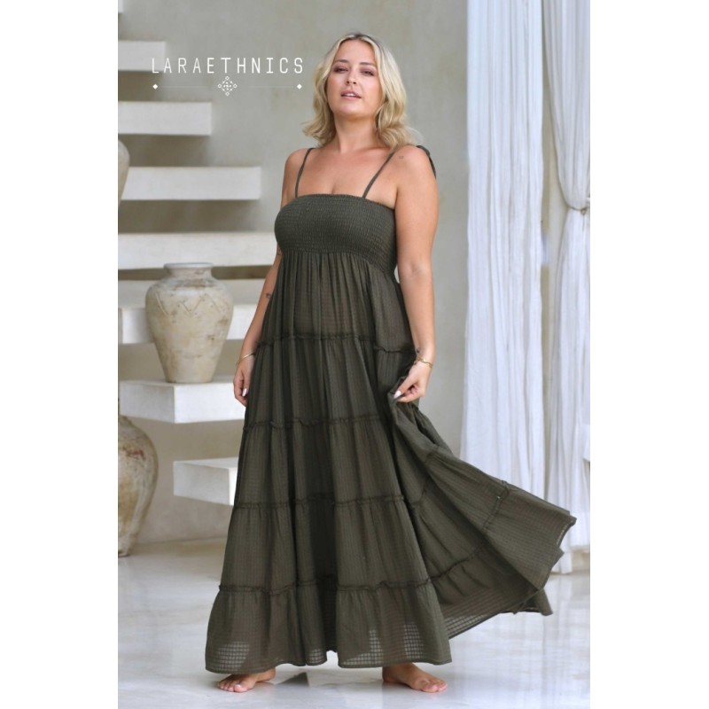 Robe longue olive femme Laraethnics smockée