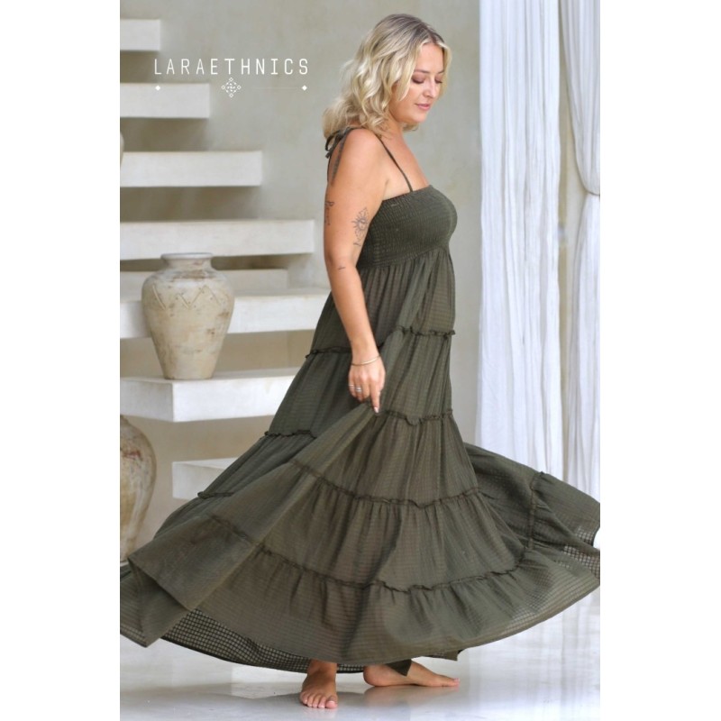 Robe longue olive femme Laraethnics smockée