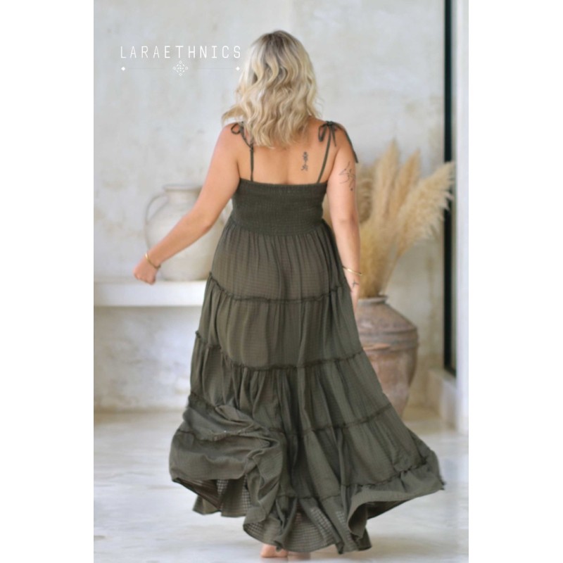 Robe longue olive femme Laraethnics smockée