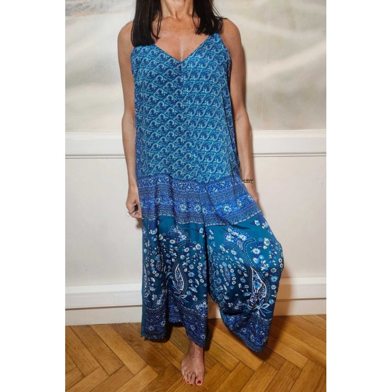 Combinaison pantalon fluide bleue à fines bretelles - LARAETHNICS Femme
