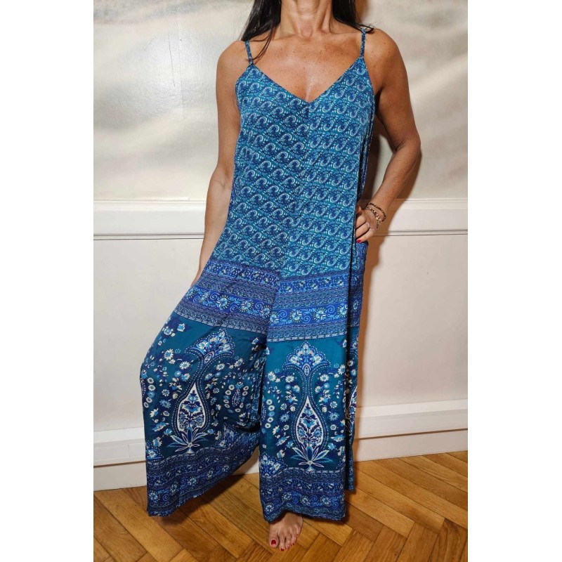 Combinaison pantalon fluide bleue à fines bretelles - LARAETHNICS Femme