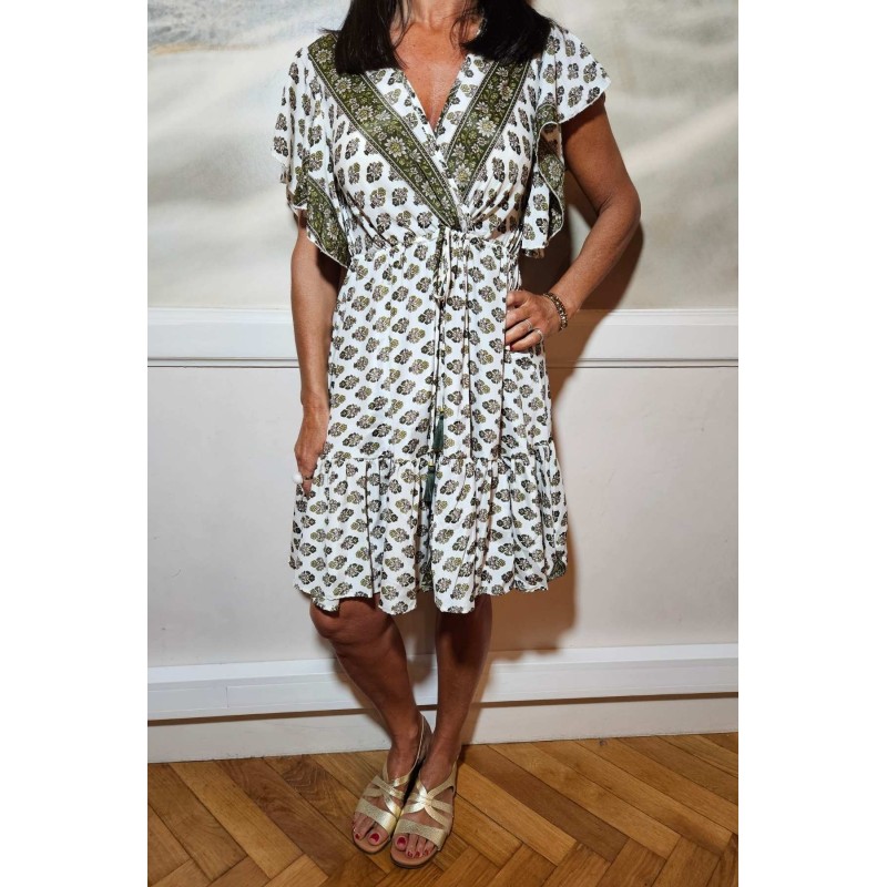 Robe courte imprimée Provence kaki - LARAETHNICS Femme