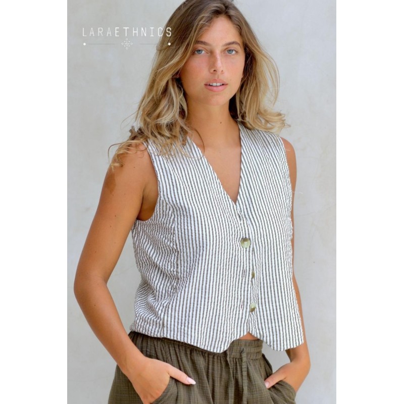 Gilet court rayé kaki blanc femme Laraethnics