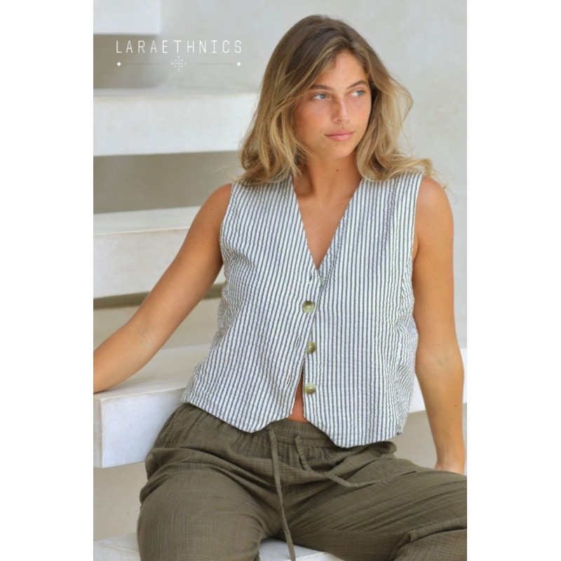 Gilet court rayé kaki blanc femme Laraethnics