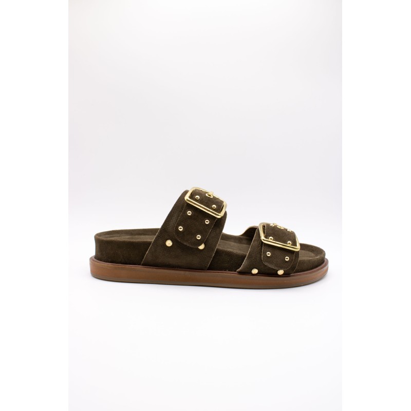 Mule double bride cloutée olive cuir femme SH2338