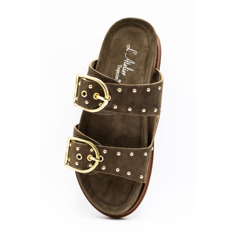 Mule double bride cloutée olive cuir femme SH2338