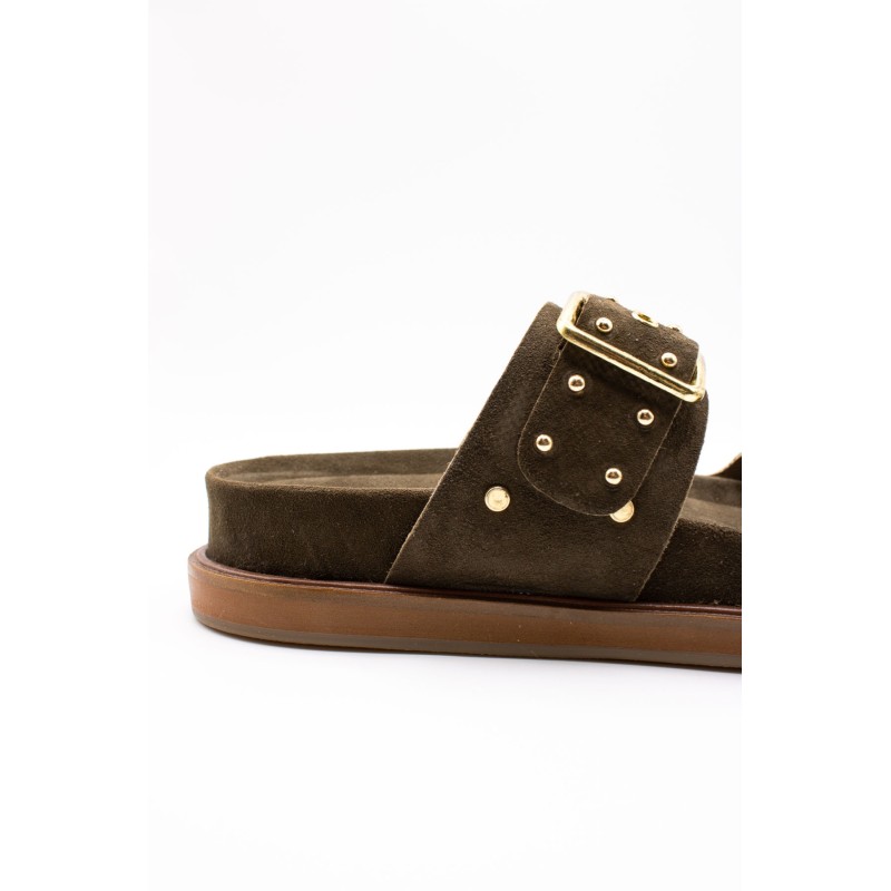 Mule double bride cloutée olive cuir femme SH2338