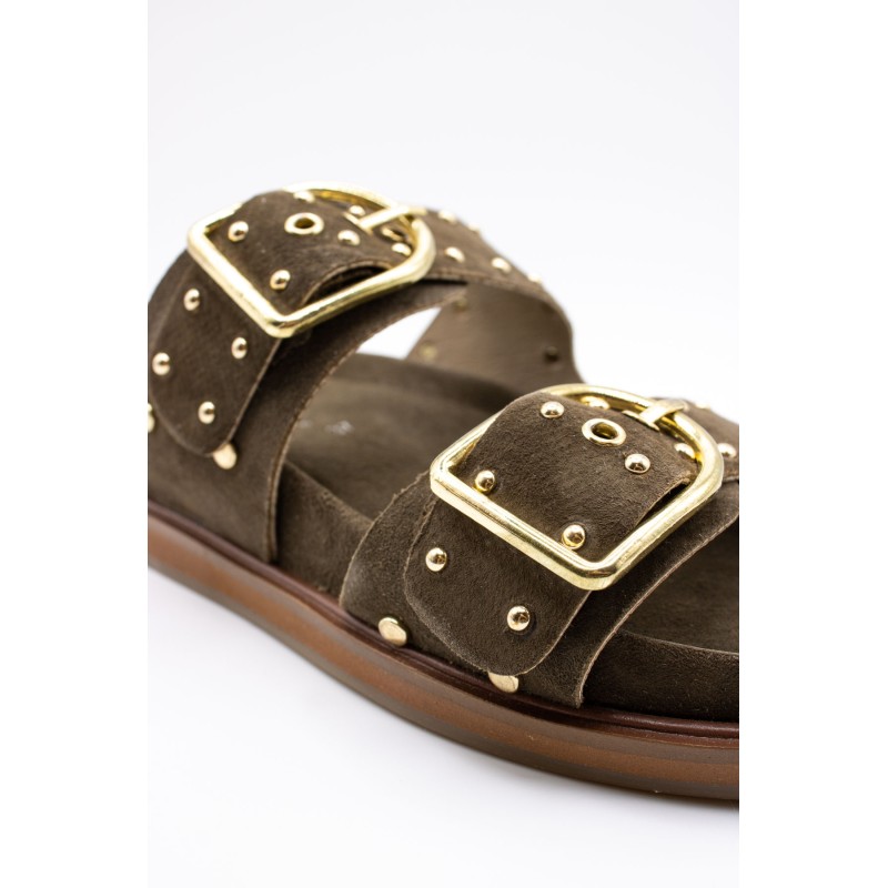 Mule double bride cloutée olive cuir femme SH2338