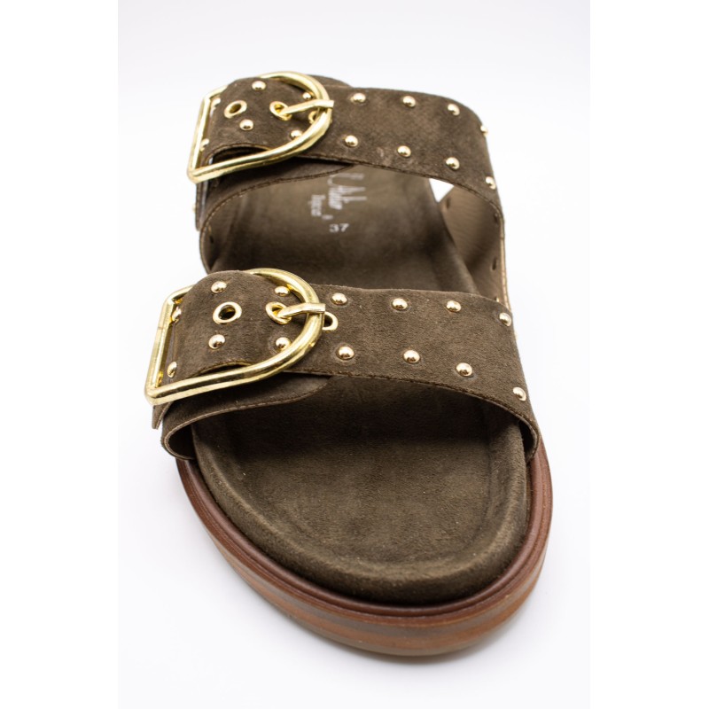 Mule double bride cloutée olive cuir femme SH2338