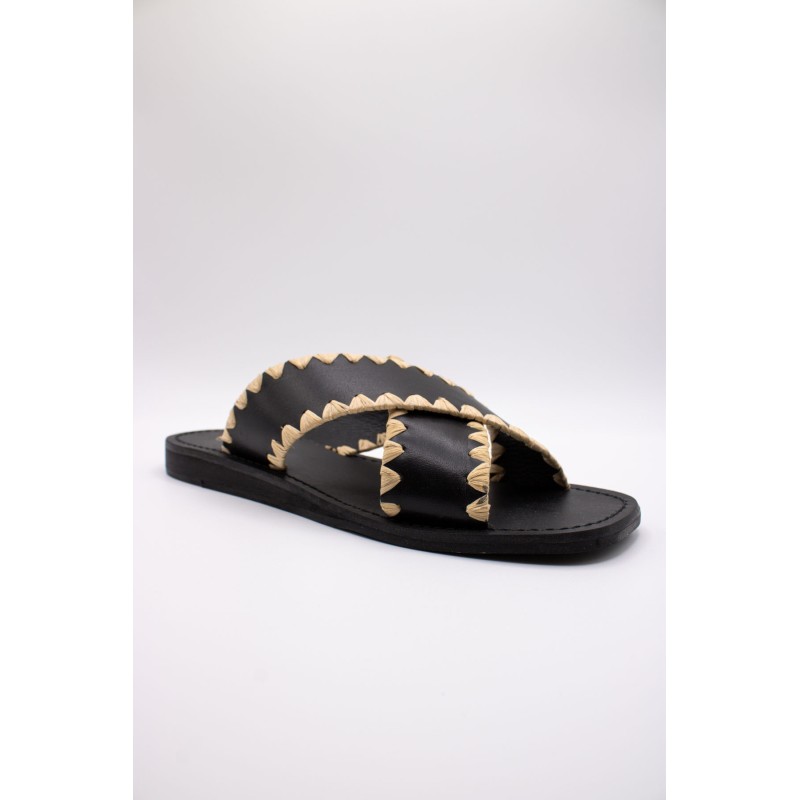 Reqins Sandale Maelie Noir Femme Cuir et Raphia