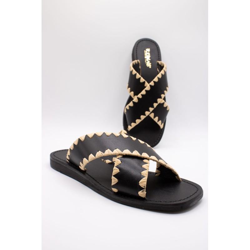 Reqins Sandale Maelie Noir Femme Cuir et Raphia