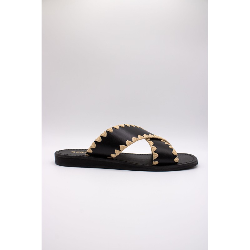 Reqins Sandale Maelie Noir Femme Cuir et Raphia