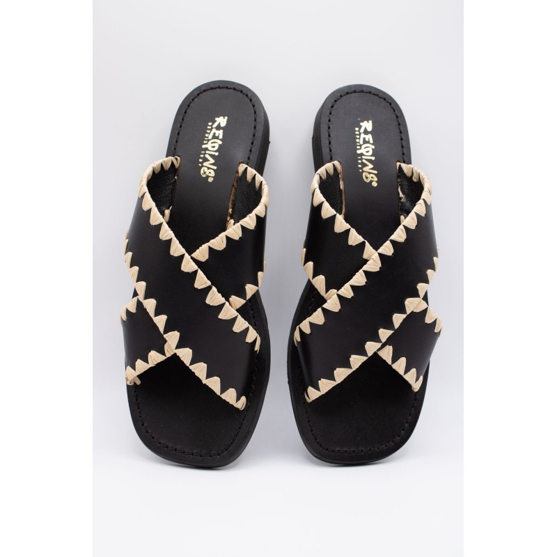 Reqins Sandale Maelie Noir Femme Cuir et Raphia