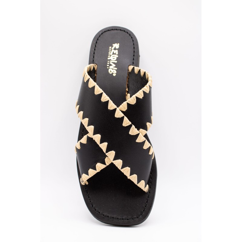 Reqins Sandale Maelie Noir Femme Cuir et Raphia