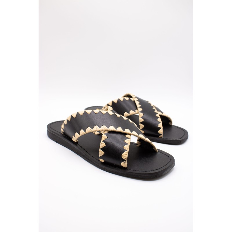 Reqins Sandale Maelie Noir Femme Cuir et Raphia
