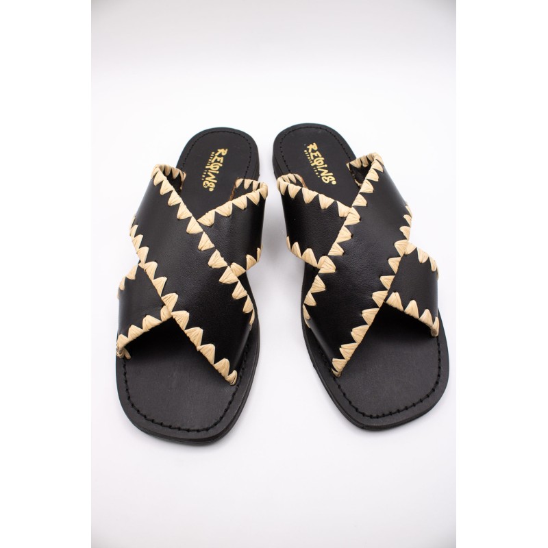 Reqins Sandale Maelie Noir Femme Cuir et Raphia