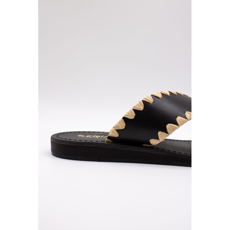 Reqins Sandale Maelie Noir Femme Cuir et Raphia