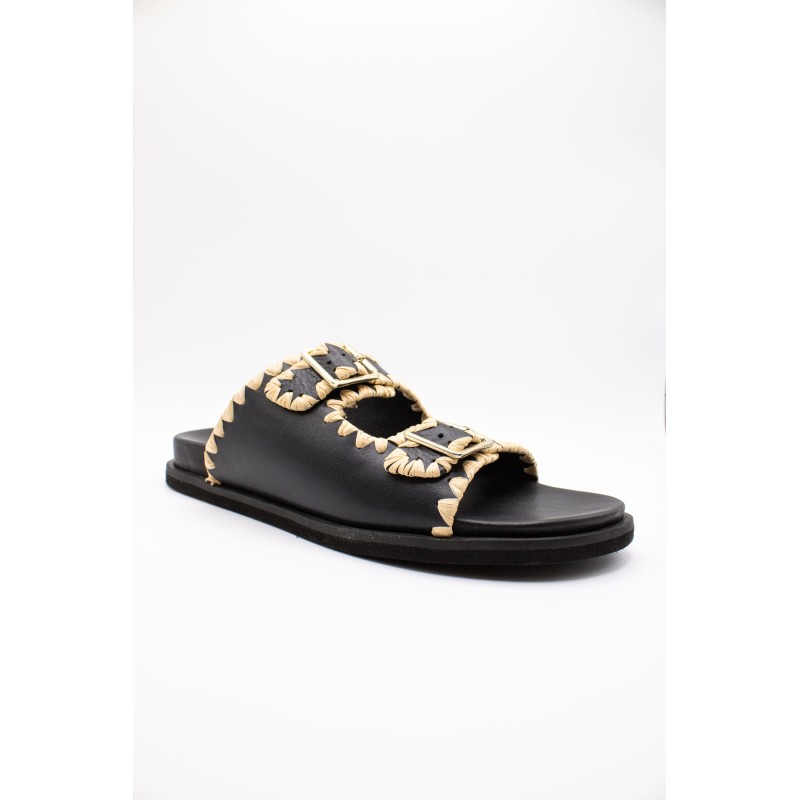 Reqins Sandale Minorque Noir Femme Cuir et Raphia