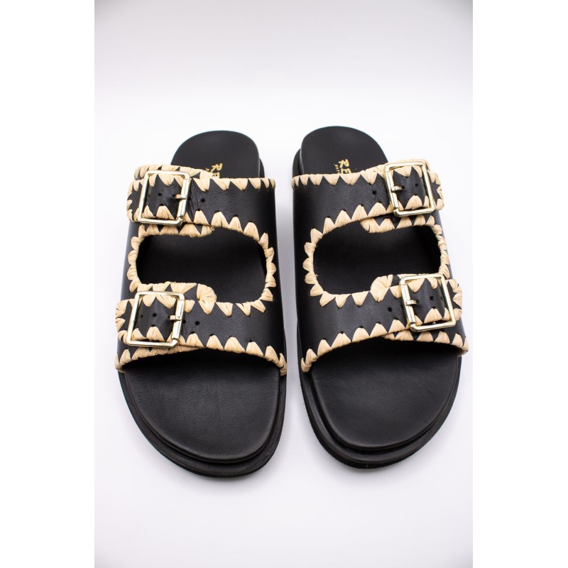 Reqins Sandale Minorque Noir Femme Cuir et Raphia