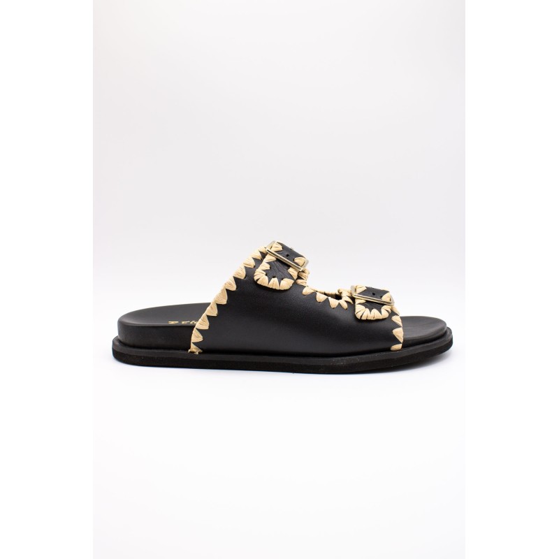 Reqins Sandale Minorque Noir Femme Cuir et Raphia