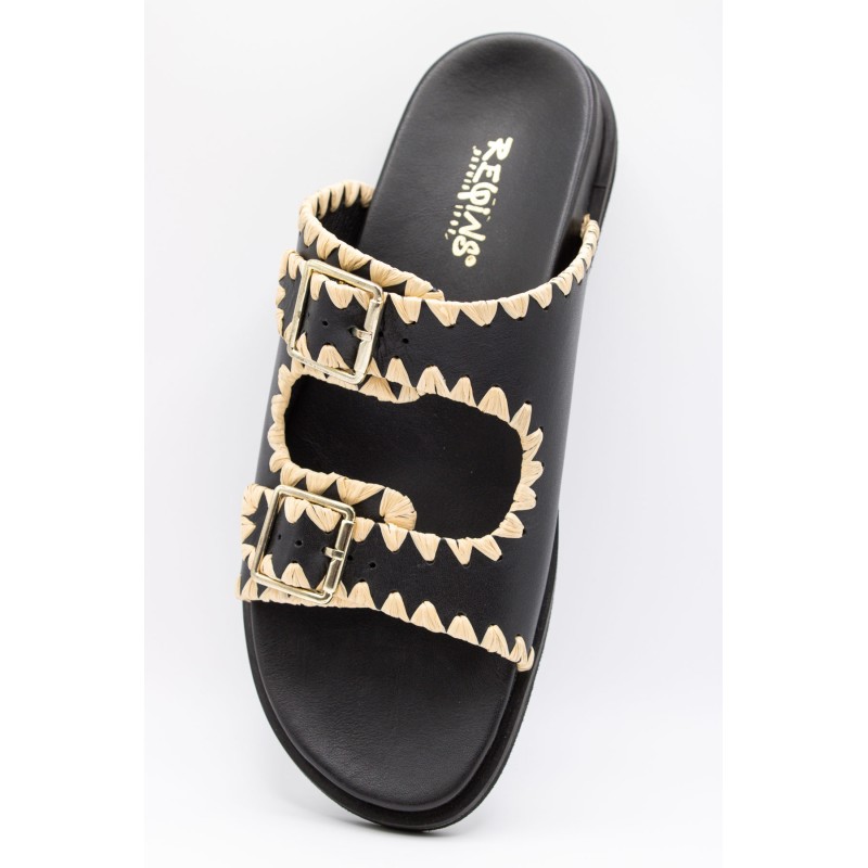 Reqins Sandale Minorque Noir Femme Cuir et Raphia