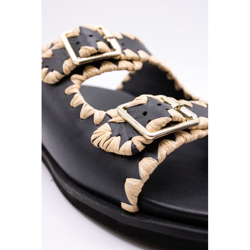 Reqins Sandale Minorque Noir Femme Cuir et Raphia
