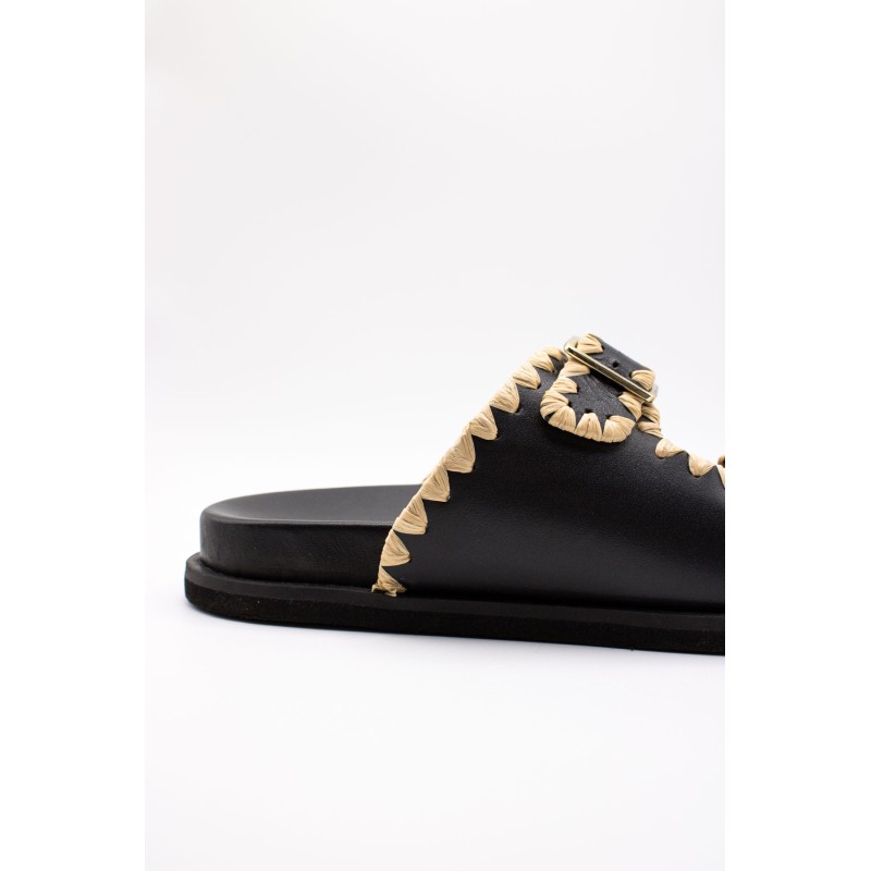 Reqins Sandale Minorque Noir Femme Cuir et Raphia